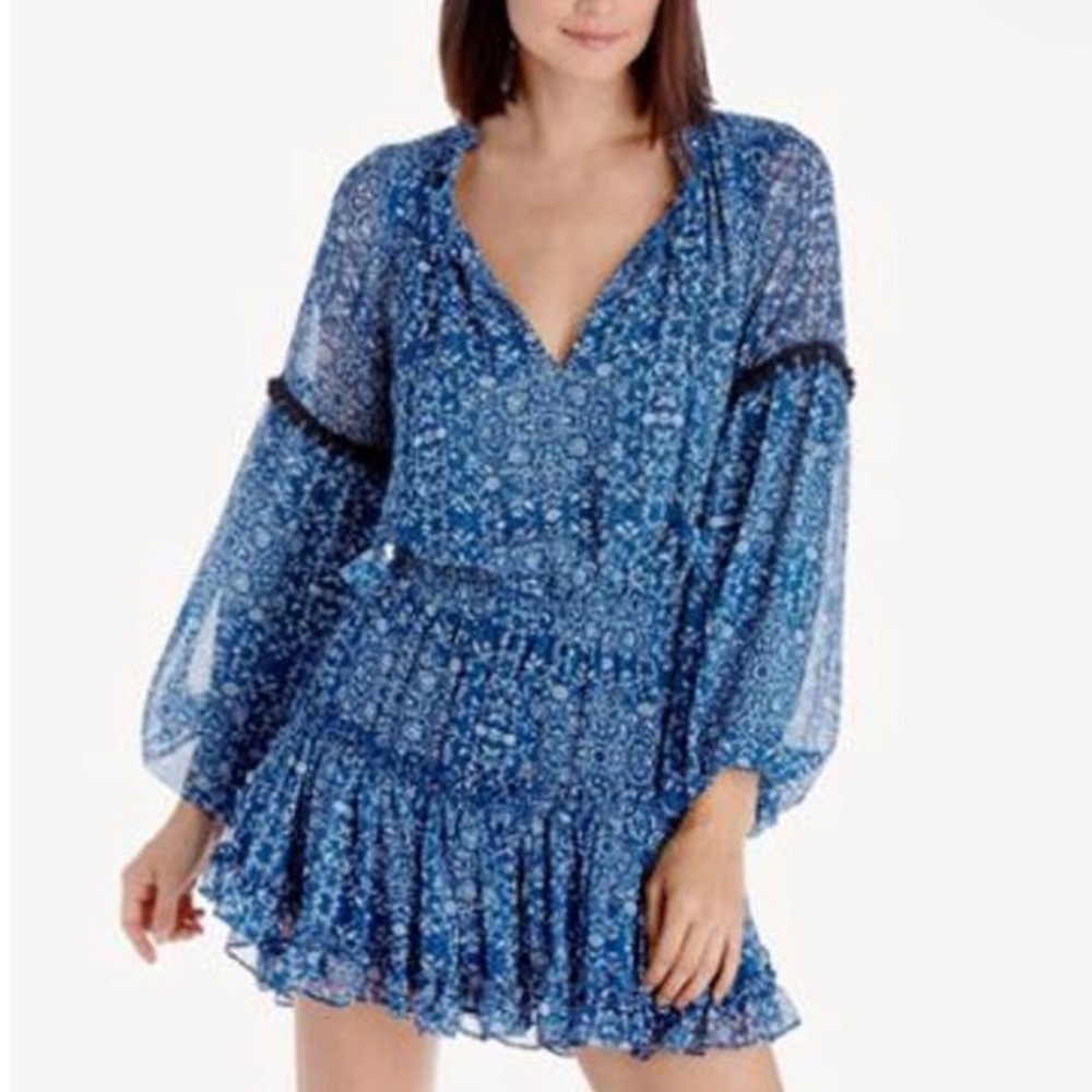 MISA Los Angeles Blue Mini Dress Ruffled Long Sleeve Summer Dress
